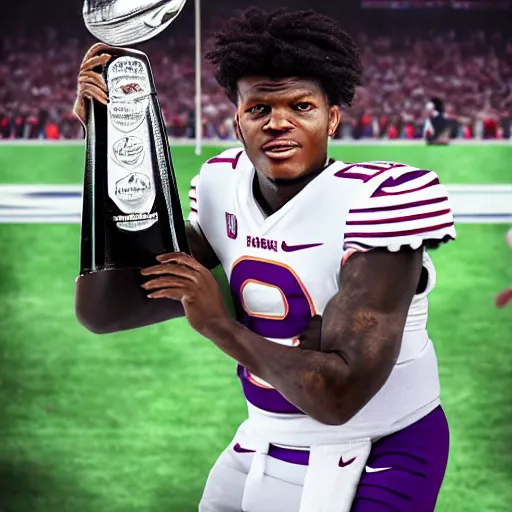 Prompt: a portrait of Lamar Jackson holding Lombardi Trophy, detailed and realistic face, 8k
