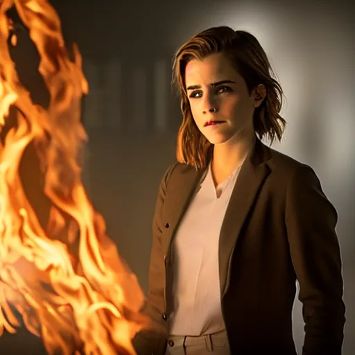 Image similar to Emma Watson in suit made of fire, 8k UHD, studio photography, high quality, high detail, stunning lighting