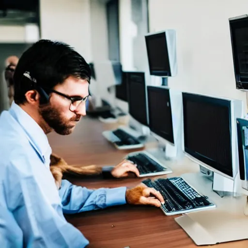 Prompt: 5 monkeys in suits using computers