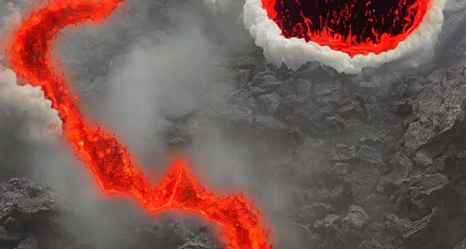 Image similar to a volcano made of ivory vines and crimson rocks enters in eruption, it spits a smoke in the shape of demonic eye, from Hearthstone