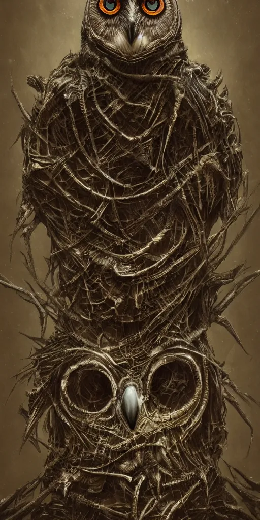 Image similar to an owl in the style of h. r giger, incredible art, character design, octane render,