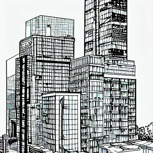 Image similar to decrepit brutalist cityscape vector line art in the style of “ geoff darrow ” black and white 1 6 : 1