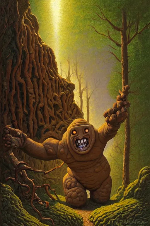 Prompt: classic oil painting, a golem made of sloppy clay, as a dnd character, on a forest trail, cottagecore, highly detailed, digital illustration, concept art, smooth, sharp focus, art by tim hildebrandt, and greg hildebrandt