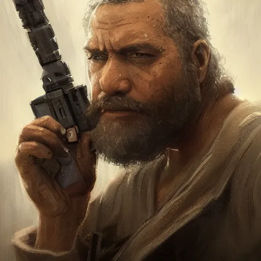 Image similar to portrait of a man by greg rutkowski, samoan features, short black hair, receding hairline, epic beard, tall and strong, father figure vibes, star wars expanded universe, she is about 7 0 years old, wearing tactical gear, digital painting, artstation, concept art, smooth, sharp foccus ilustration, artstation hq