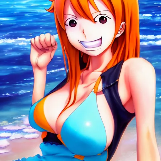 Prompt: anime portrait of Nami from One Piece as an anime girl, cute smile, orange bikini, by Stanley Artgerm Lau, WLOP, Rossdraws, James Jean, Andrei Riabovitchev, Marc Simonetti, and Sakimichan, trending on artstation
