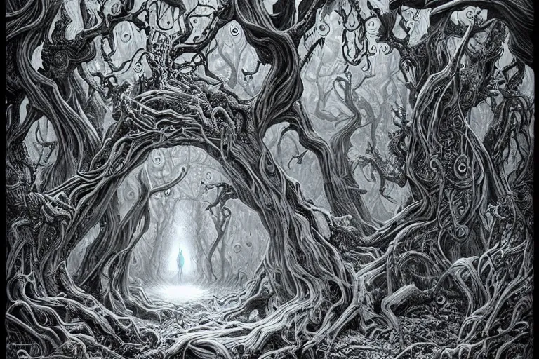 Image similar to portal to a lovecraftian realm in the gnarled woods by Joe Fenton