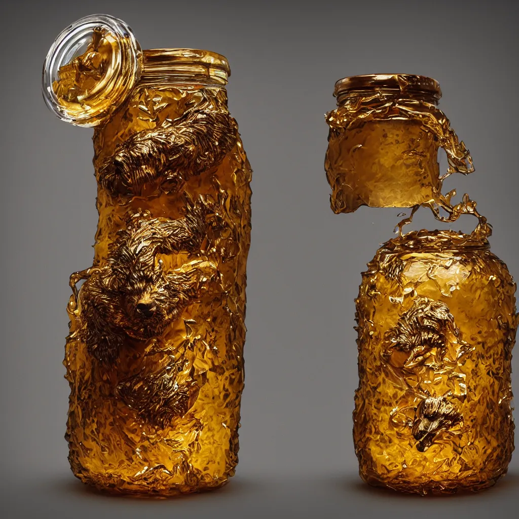 Prompt: honey jar stylized like a vicious grizzly bear, golden glistening, light bloom, octane render, product photography, studio photography, sharp high contrast