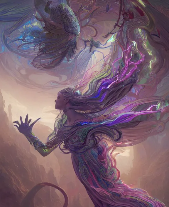 Image similar to a whirlwind of souls rushing inside the metaverse, half body, glowin eyes, mystical insects, mystical birds, lizards, snakes, d & d, fantasy, intricate, elegant, highly detailed, colorful, vivid color, digital painting, artstation, concept art, art by artgerm and greg rutkowski and alphonse mucha and ruan jia