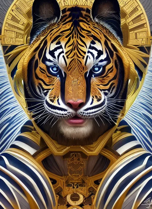 Image similar to symmetry!! portrait of a robot tiger, midsommar style, intricate, elegant, highly detailed, digital painting, artstation, concept art, smooth, sharp focus, illustration, art by artgerm and greg rutkowski and alphonse mucha, 8 k