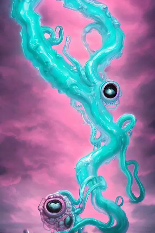 Prompt: pink and blue ooze monster with black eyes and reflective liquid, tentacles, imaginary concept villian. beautiful lighting, misty cloudy atmosphere