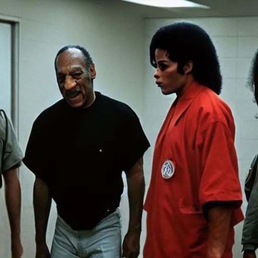 Image similar to bill cosby, michael jackson, and oj simpson in a prison cell together, award winning, 8k