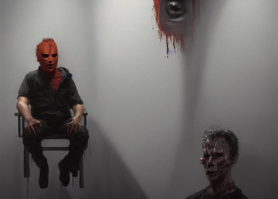 Image similar to dynamic painting portrait of Michael Myers sitting in the waiting room of an optometrist, sharp focus, trending on ArtStation, masterpiece, by Greg Rutkowski, by Ross Tran, by Fenghua Zhong, octane, soft render, oil on canvas, moody lighting, high contrast, cinematic, professional environment concept art