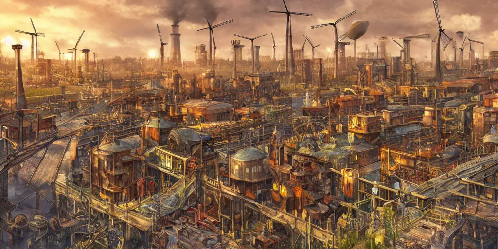 Prompt: A highly-detailed 3d digital artwork cityscape of an industrial steampunk city with windmills, tall wooden buildings, steam-powered factories, floating wooden boats, steel cars, steel steam trains, giant blimps