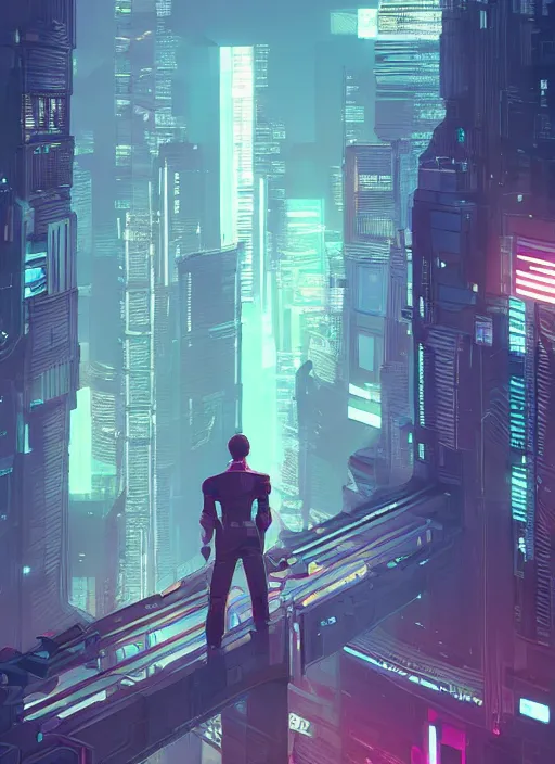 Image similar to a man standing on top of a bridge over a city, cyberpunk art by James Gilleard, cgsociety, retrofuturism, synthwave, cityscape, 2d game art