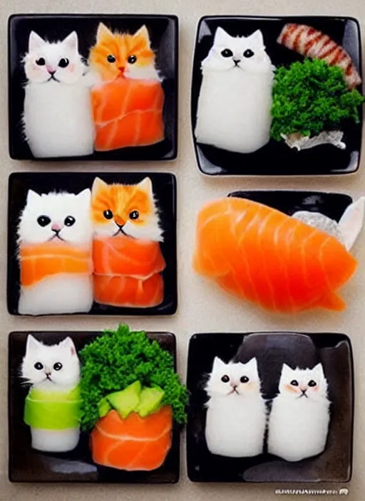 Image similar to clear photorealistic picture of adorable cats made out of sushi