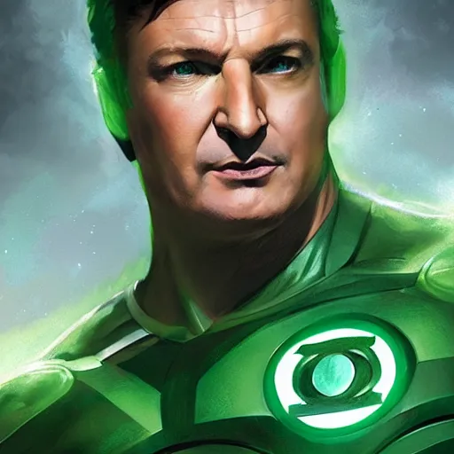 Image similar to Nathan Fillion as Green Lantern, DC art, art by greg rutkowski, matte painting, trending on artstation