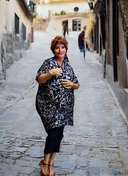 Prompt: portrait of beautiful Spanish 50-year-old well-groomed plump woman model, with lovely look, happy, candid street portrait in the style of Martin Schoeller award winning, Sony a7R