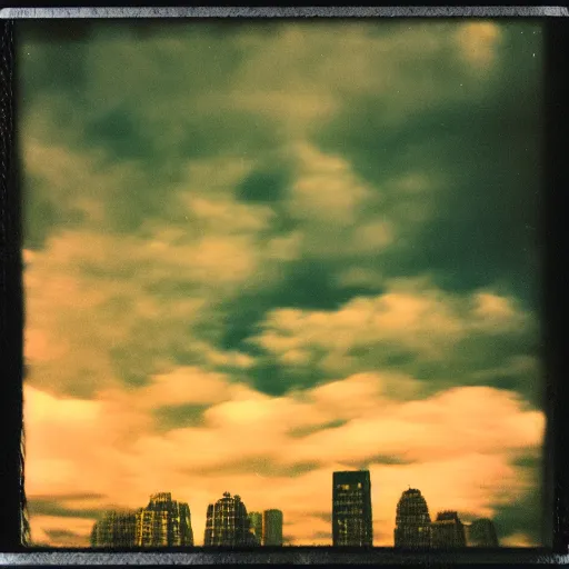 Prompt: instant photograph the night, polaroid, raw, beautiful, nostalgic, light leak, clouds, city