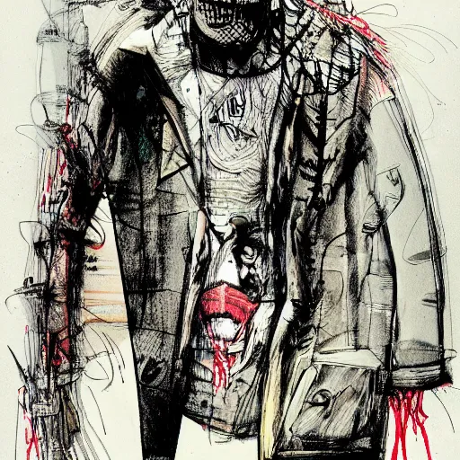 Image similar to Graphic Illustration, Creative Design, Moloch, Techwear, Cyberpunk, Full Body Portrait, Character Design, by Ralph Steadman, Francis Bacon, Hunter S Thompson