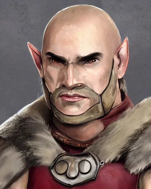 Prompt: 8ft tall, grey skinned, half-giant paladin male, clean shaven head, pupiless eyes, fur stuffed breastplate with no sleaves, d&d character art