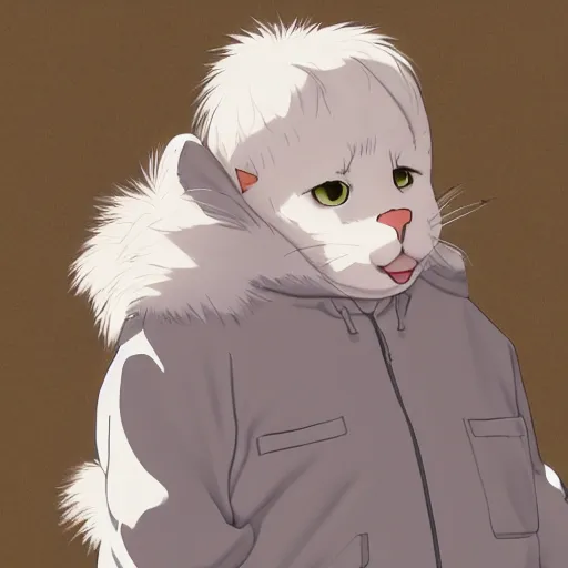 Image similar to overweight white cat cat wearing overalls and a long sleeved sweater, fursona, anthro, male, anime key visual, detailed white fur, makoto shinkai, portrait