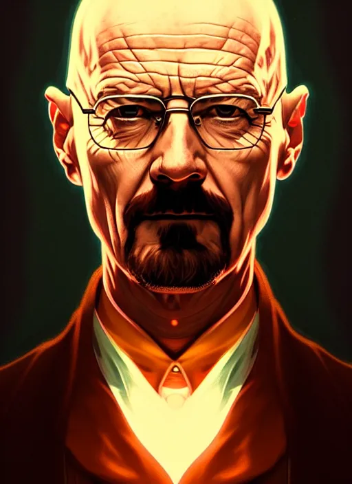 Prompt: symmetry portrait of walter white, glowing lights intricate, elegant, highly detailed, digital painting, artstation, concept art, smooth, sharp focus, illustration, art by artgerm and greg rutkowski and alphonse mucha