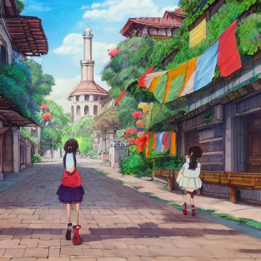 Prompt: Girl getting lost in the city of Armenia Quindio, Artwork by Studio Ghibli, official media, concept art, 8k, pixiv, high definition, wallpaper, hd, digital artwork