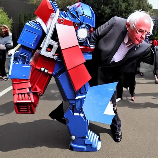 Prompt: bernie sanders kissing optimus prime