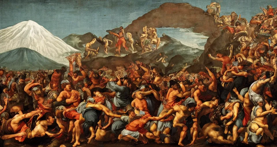 Prompt: mosh pit at music festival in pompeii while mount vesuvius is erupting, fresco, michaelangelo