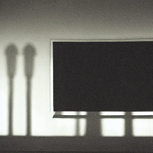 Prompt: a screen showing white noise with the shadow of a man projecting outside the screen