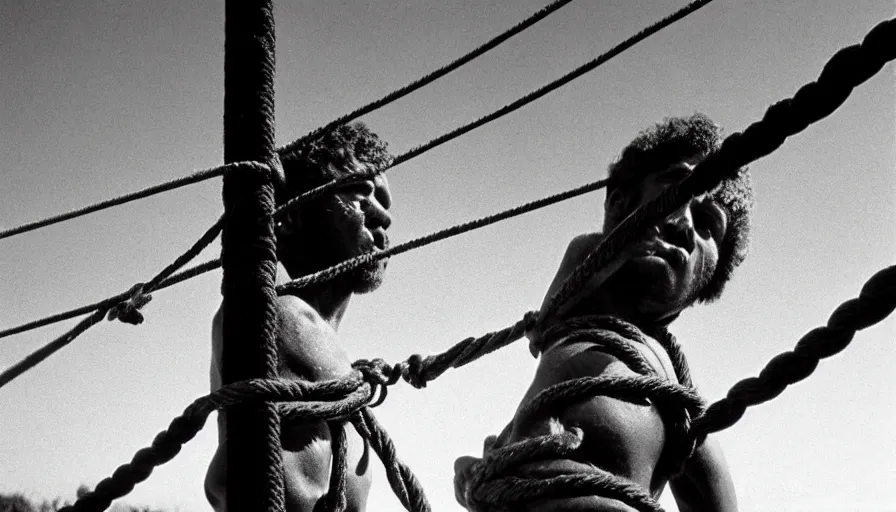 Image similar to 1 9 7 0 s movie still close - up of marcus atilius regulus tied with ropes at a pole with his wide open bleeding eyes looking at the burning sun, cinestill 8 0 0 t 3 5 mm b & w, high quality, heavy grain, high detail, texture, dramatic light, anamorphic, hyperrealistic, detailed hair