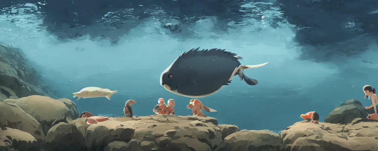 Image similar to piranhas eating a baby harp seal in a tropical river, atey ghailan, goro fujita, studio ghibli, rim light, dark lighting, clear focus, very coherent