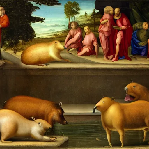 Prompt: a renaissance painting of a capybara at the hot springs