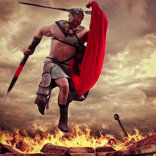 Prompt: “Spartans in battle uniform jumping on trampoline red robe and cape swinging spear swords shied Greece hercules”