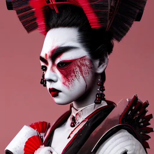 Prompt: bloody geisha warrior ornated armor war paint, detailed, jewelry, sakura,photograph, award wining, red and white, trending on artstation, punk attitude, 4k, unreal engine 5, octane render, neon highlights