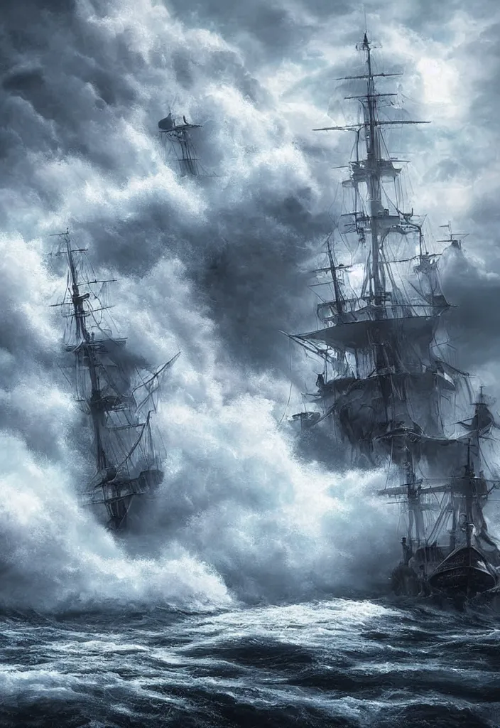 Prompt: ship being persecuted by a police ship over raging turbulent waters, hyper realistic, highly detailed, digital art, apocalyptic, intimidating lighting, raytracing, sharp focus, smooth, romanticism