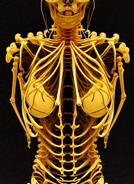 Image similar to portrait of an absurdly ugly, ungraceful, unsophisticated, unfashionable futuristic female golden skeleton with sections of skin showing, glowing internal light, hyperdetailed illustration by irakli nadar and alexandre ferra, intricate linework, faberge, intricate gold linework, dark atmosphere, unreal engine 5 highly rendered, global illumination, radiant light, detailed and intricate environment