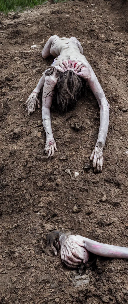 Prompt: an 8 k hdr photo of a dirty scraggy witch who has broken limbs and is bent up and curled hunched over on the ground in a sick beast dirt hole lookin up shy at us