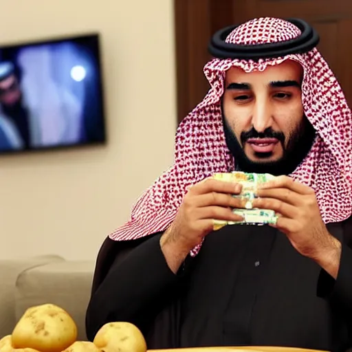 Image similar to mohammed bin salman playing a game live on twitch and eating a potato