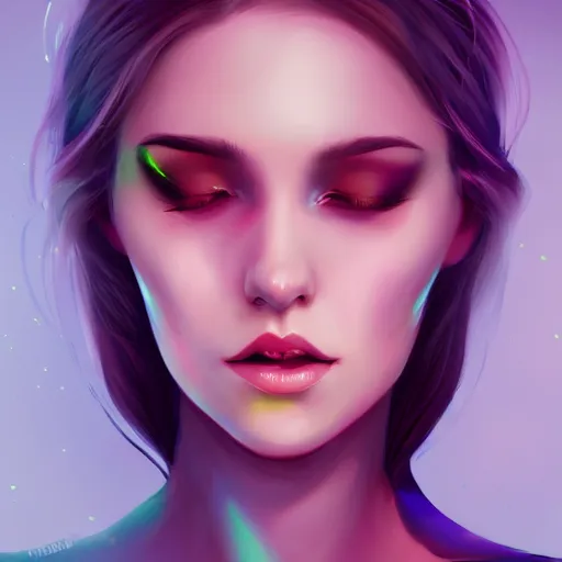 Prompt: portrait of a woman inspired by lois van baarle, charlie bowater, illustration, iridescent, iridescent hair, face, hair styles, light makeup, glitter, self confidence, cinematic 8 k