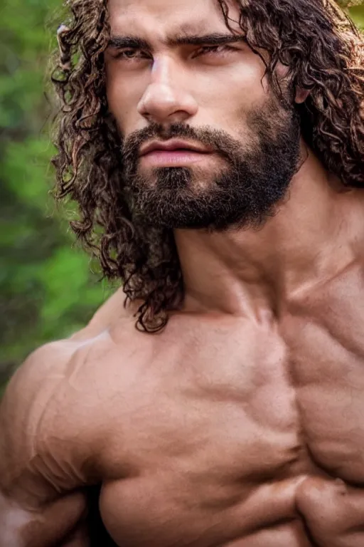 Prompt: close up, portrait of a muscular man, chiseled features, beautiful flowing brown curly hair, mythological, god of nature, defined muscles, artsy photography, film photo, 4 k, model posing, deep tan skin, trending on artstation, fashion photography, yellow eyes, overgrown background, dryad, verdant forest, face, very long luxurious hair