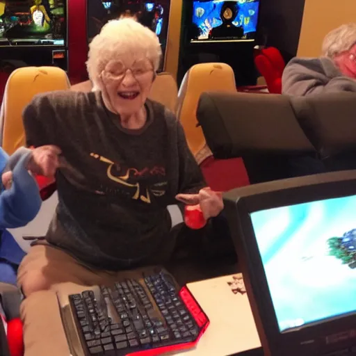 Prompt: grandma winning an extreme gaming tournament