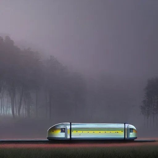 Prompt: landscape with futuristic train station in an empty field. by stalenhag. mist, fog, cyber punk, realistic, 8K