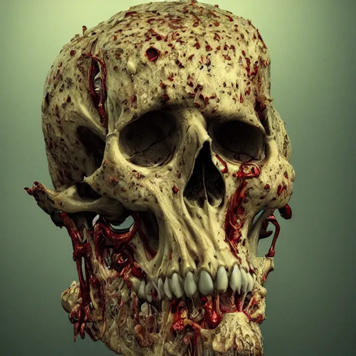 Image similar to portrait of a melting skull. missing jaw. infected with zombie fungus. intricate abstract. intricate artwork. nightmare fuel. by Tooth Wu, wlop, beeple, dan mumford. octane render, trending on artstation, greg rutkowski very coherent symmetrical artwork. cinematic, hyper realism, high detail, octane render, 8k, iridescent accents