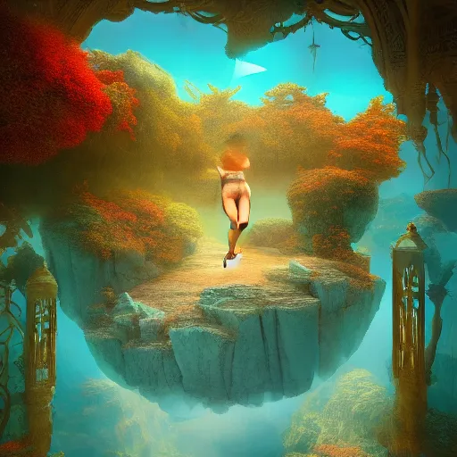 Image similar to beautiful symmetrical scateboarder jumps over the pond! silence again, surrounded by machine axonometric fantasy intricate elegant highly detailed in volumetric void of latent space lush flowers surround, realm of the gods golden turquoise steampunk, high contrast cinematic light, mystical shadows, octane render, photographic, concept art, art high renaissance art, unreal engine 8 k