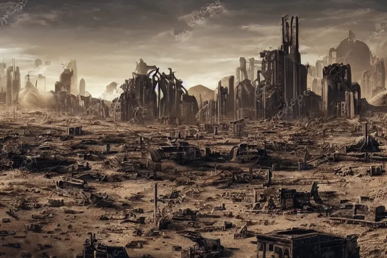 Prompt: intense sun desert landscape futuristic city ruins fallout post apocalyptic