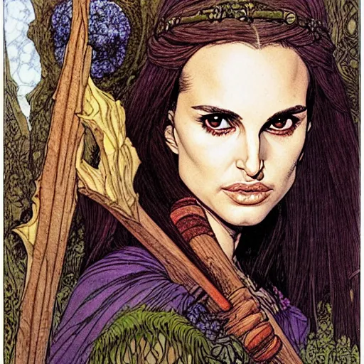 Image similar to a realistic, very beautiful and atmospheric portrait of a young natalie portman as a druidic warrior wizard looking at the camera with an intelligent but seductive gaze by rebecca guay, michael kaluta, charles vess and jean moebius giraud