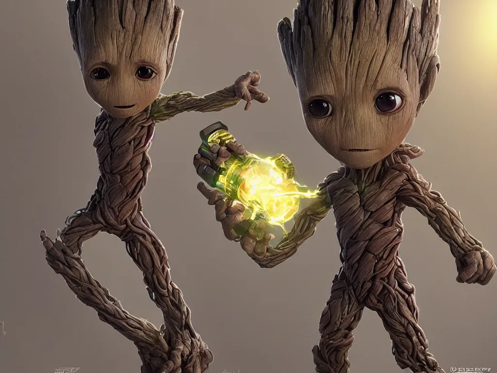 Image similar to baby groot from guardians of the galaxy!, cinematic volumentric lighting, jim cheung, david marquez, mike deodato jr, ilya kuvshinov, makoto shinka, behance hd by jesper ejsing, by rhads, hyper detailed, octane render, concept art, trending on artstation