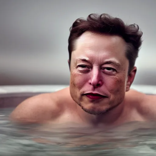 Image similar to photographic portrait by Annie Leibovitz of elon musk in a hot tub, closeup, foggy, sepia, moody, dream-like, sigma 85mm f/1.4, 15mm, 35mm, 4k, high resolution, 4k, 8k, hd, full color