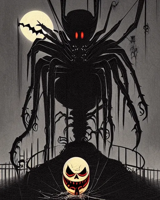 Image similar to creepy evil spider, halloween night, horror wallpaper aesthetic, cinematic, dramatic, super detailed and intricate, by koson ohara, by darwyn cooke, by greg rutkowski, by satoshi kon